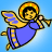 Pixelated angel figure with golden wings and halo, wearing blue robe, holding bow and arrow against light blue background.