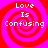 Four identical red and pink spiral patterns with white text reading 'Love Is Confusing' arranged in a on a solid red background