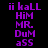 Purple pixelated text on black background reads 'ii kaLL', 'HiM', 'MR.', 'DuM', 'aSS' in vertical alignment with no visible animation changes.