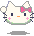 Pixel art of a white cat face with pink cheeks, black eyes, and an orange nose; the left ear has a blue cross symbol while the right ear holds a pink bow.