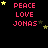 Pixelated text 'PEACE LOVE JONAS' in red appears on a black background with scattered yellow and dark gray stars, arranged in a of nine repeated sections