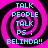Four identical pixelated spiral icons with pink and black swirls, each containing cyan text reading TALK PEOPLE TALK PS: BELINDA!!