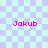 Pixelated pink text 'Jakub' appears in four positions on a light purple and cyan checkered background with faint translucent outlines.