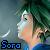 Pixelated character with green hair and light skin, holding a sword-like object against a gradient background with blue text reading 'Sora' at bottom left.