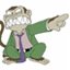 Pixelated cartoon monkey in green suit with purple tie, wide grin showing teeth, right arm extended pointing leftward.