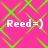 Four identical 'Reed=)' text icons arranged in a on a pink background with green diamond-shaped lines