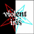 Two side-by-side show a star-shaped graphic with red and cyan elements, text reading 'violent iris', and background color shifts from black-and-white to light blue
