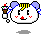 Pixel art character with purple ears and yellow striped hair holds a brown cup with green and red toppings, showing multiple facial expressions.