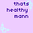 Pixelated text 'thats healthy mann' on light purple background with cyan square animations.