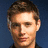 A pixelated portrait of a person with short brown hair against a dark blue background, with blue text overlay reading 'Jensen Ackles' in the right view.