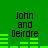 Green background with black text reading 'John and Deirdre' above four green audio equalizer bars in two , each showing different bar heights