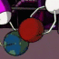 Animated sequence of red and blue circular shapes with white stems moving across a purple background, transitioning from clustered to scattered positions.