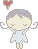 Pixelated cartoon girl with closed eyes, purple hair, light blue dress, and pink cheeks, with a red heart above her head.