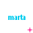 three and three displays the word 'marta' in cyan lowercase letters with pink pixelated symbols above each instance