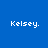 Four square display the name 'Kelsey.' in white pixelated text against solid blue and cyan backgrounds