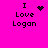 Bright pink background with black pixelated text "I Love Logan" and four distinct pixel art symbols in different positions across the