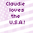 Purple text on a light purple striped background reads "Claudie loves the U.S.A.!" in a pixelated font.