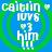 A blue background with green concentric circles contains four identical pixelated text-based icons showing 'caitlin' at top, 'loves' below it, a heart symbol and number 3 in the middle, then 'him' followed by three exclamation marks.