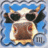 Pixelated icon of a cow's face with large black eyes, brown nose, and white patches against blue background.