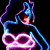Two symmetrical neon-lit figures with glowing blue and pink outlines against a black background, each holding a red-topped object.