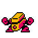Four pixel-art frames of a yellow and pink armored character with black accents, showing sequential animation states against gray background.