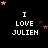 Black background with white text "I LOVE JULIEN" and pink/purple star animations in pixelated style.