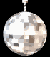 Two silver disco balls suspended by metallic chains against a black background, with visible pixelation and slight variations in reflective surface patterns between frames.
