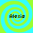 Four identical pixelated spiral patterns in cyan and lime green with the text 'Alexis' centered in each quadrant.