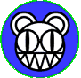 Two side-by-side circular cartoon icons with blue backgrounds and green outlines, each featuring a stylized bear-like face with large ears, round eyes, and sharp teeth; the left icon has vertical black lines in its eyes while the right shows horizontal black lines across both eyes.
