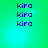 Pixelated blue text 'kira' repeated three times per quadrant on a green-to-cyan gradient background with subtle light effects.
