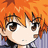 Pixelated anime-style character with orange hair and large brown eyes against an orange background.