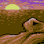 Pixel art depicting a sunset over water with a figure in the foreground, rendered in brown, yellow, purple, and pink tones.