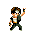 Pixel art character in green jacket and dark pants performing sequential actions with blue and orange effects against gray background.
