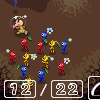Pixel art scene showing colorful insect-like characters on brown terrain with red mushroom structures, a blue glowing plant, and numerical counter display.