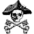 Black-and-white pixelated skull wearing a tricorn hat with crossed swords beneath it, rendered in low-resolution digital art style.