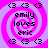 Four identical pixelated icons display a pink and purple spiral background with 'emily loves eric' text, surrounded by three small black symbols at each corner.