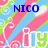 Pixelated image with blue text 'NICO' over pink and green diagonal shapes on a light blue background.