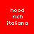 Red background with white pixelated text 'hood', 'rich', and 'italiana' arranged in three , where green bars highlight different across frames