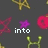 Pixelated icons and text on a dark gray background, featuring pink X shapes, purple stars, red circles, yellow H-shaped figures, and white 'into' and 'space' words.
