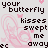 A static contact sheet of a 48x48 pixel animated buddy icon featuring pink butterfly wings, black text, and small hearts on a light background.
