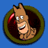 Animated pixel art of a cartoon dog with brown fur, white eyes, and a wide grin showing teeth, set against a blue background.