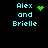 Pixelated text 'Alex and Brielle' in cyan on black background with four distinct green pixel-art symbols: heart, starburst, circular dot pattern, and no symbol.