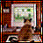 Pixelated static image of a figure in brown clothing holding a green object against a light background with dark borders.