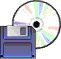 Two side-by-side pixelated images of a blue floppy disk with a CD partially visible behind it, showing color variations in the CD's radial stripes.