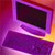 Pixelated abstract composition with layered purple and magenta shapes against a gradient background transitioning from red to orange.