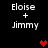 Pixelated text 'Eloise + Jimmy' appears in white on black background with red heart symbols changing position across frames.