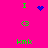 A bright pink background displays green text and blue pixelated symbols arranged in a pattern with animated blue dots in the center
