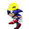 Pixelated Sonic the Hedgehog character wearing yellow hard hat, red shoes with white accents, blue body, and brown muzzle in running pose against gray background.
