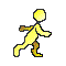 Yellow stick figure with brown limbs in multiple running and jumping poses on gray background.