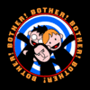 Circular pixelated icon featuring two cartoon characters with raised arms inside a red border, surrounded by repeated text on a black background.
